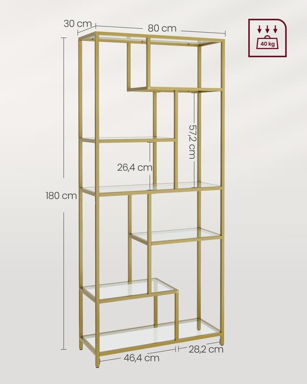 Bogreol, VASAGLE, 30 x 80 x 180 cm, Metallisk Guld.