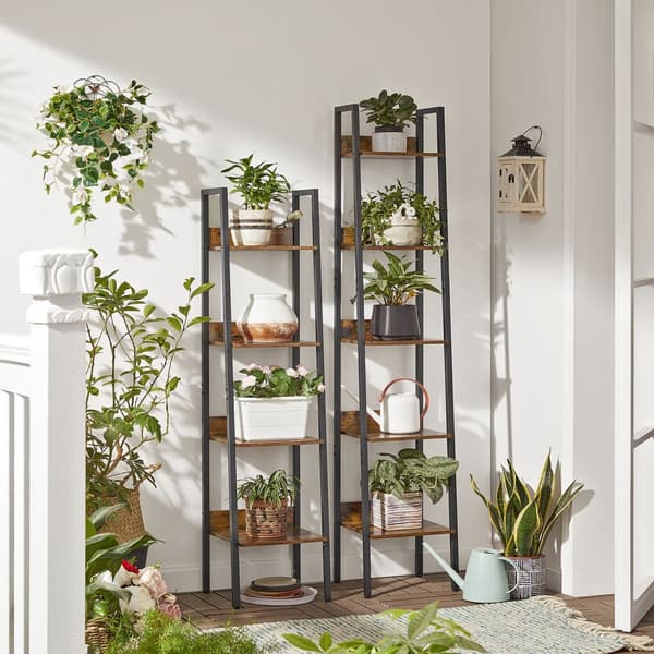 Bogreol, stigereol med 5 hylder, smal, vintagebrun-sort.