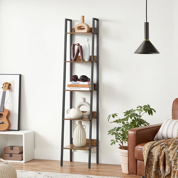 Bogreol, stigereol med 5 hylder, smal, vintagebrun-sort.