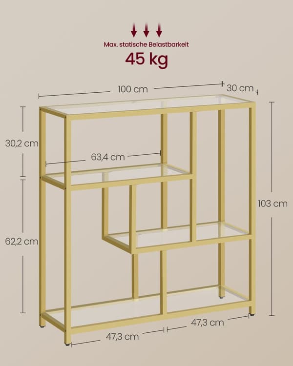 Kirjahylly, VASAGLE, 30 x 100 x 103 cm, Musta, Läpinäkyvä-Vaaleankulta.