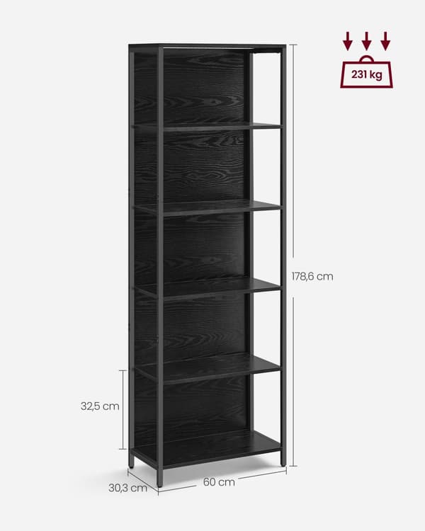 Kirjahylly, VASAGLE, 30,3 x 60 x 178,6 cm, eebenpuunmusta.