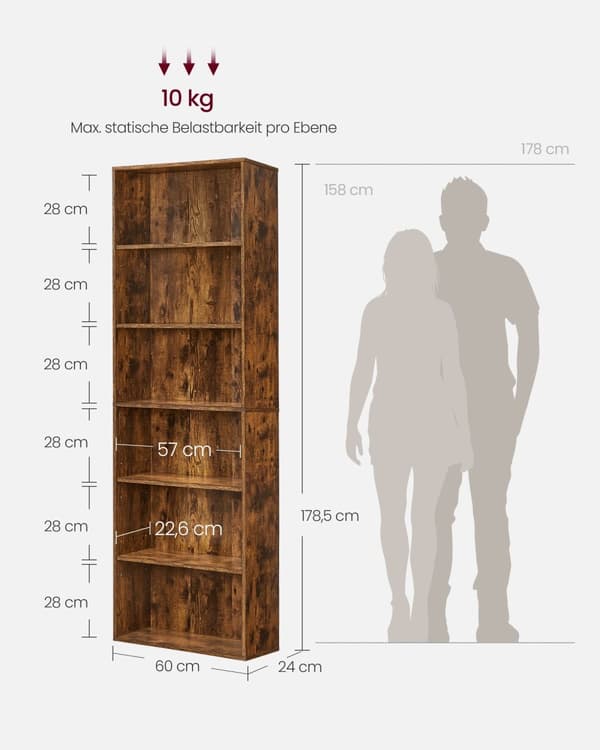 Kirjahylly, VASAGLE, 24 x 60 x 178,5 cm, Vintage-ruskea.
