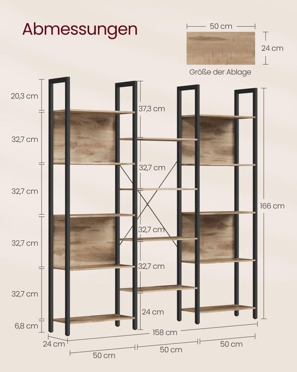 Bogreol, VASAGLE LLS107B01, 158x24 cm, Kamelbrun-Sort