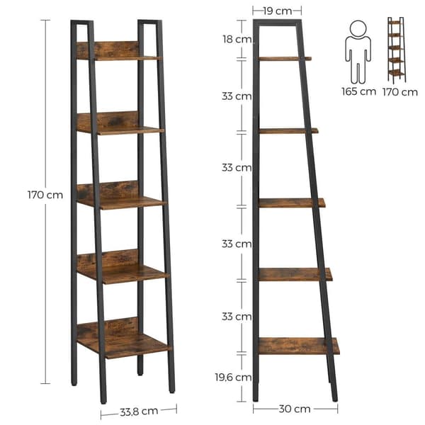 Kirjahylly, VASAGLE, 33,8x30x170 cm, Vintage Ruskea-Musta