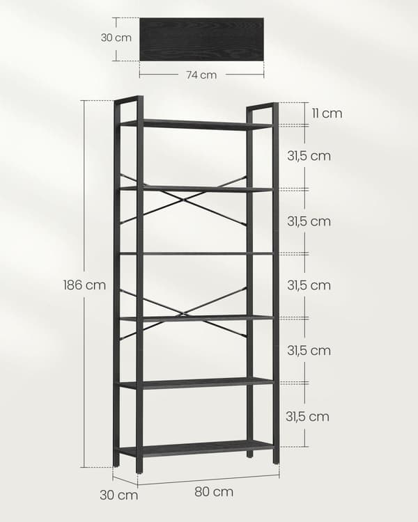 Bogreol, VASAGLE, 80x30x186 cm, Sort