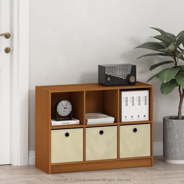 Furinno Basic Bibliotek 3x2 med Lådor, Körsbär, Tät Trä, Ljus Körsbär/Elfenben, En Storlek
