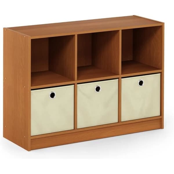 Furinno Basic Bibliotek 3x2 med Lådor, Körsbär, Tät Trä, Ljus Körsbär/Elfenben, En Storlek