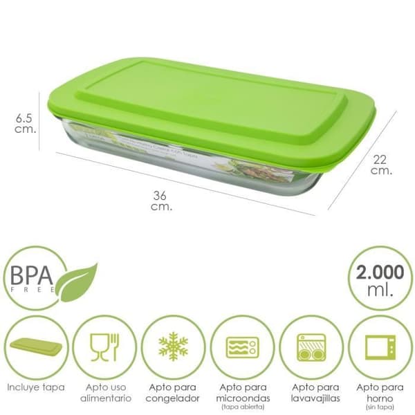 Rektangulär Glasbehållare Med Lock 2 Liter 36 x 22 x 6.5 (H) cm.