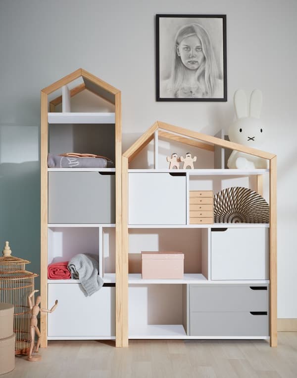 Barnbokhylla husform med förvaring, utdragslåda och sittplats – vit/pinjeträ/rosa, Manhattan  Joey