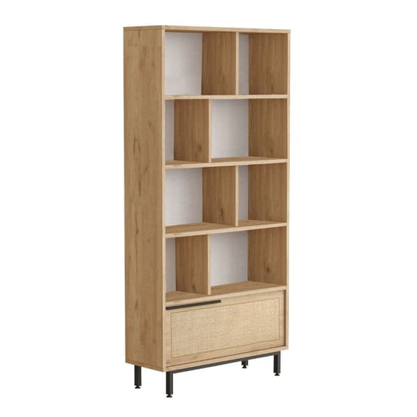 Bibliothèque avec 1 porte décor chêne et impression rotin - H175,6 cm