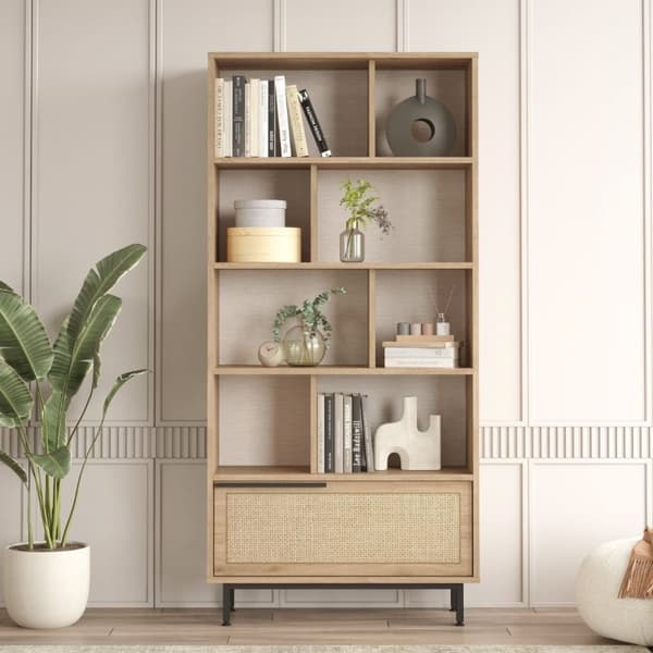 Bibliothèque avec 1 porte décor chêne et impression rotin - H175,6 cm