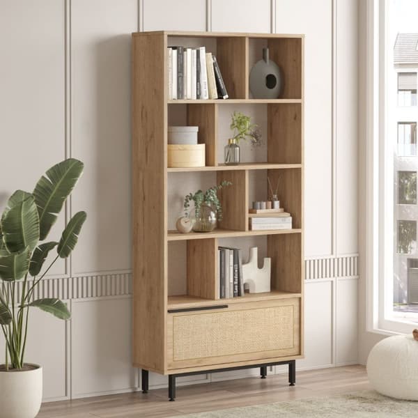 Bibliothèque avec 1 porte décor chêne et impression rotin - H175,6 cm