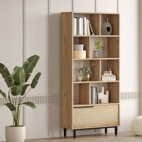 Bibliothèque avec 1 porte décor chêne et impression rotin - H175,6 cm