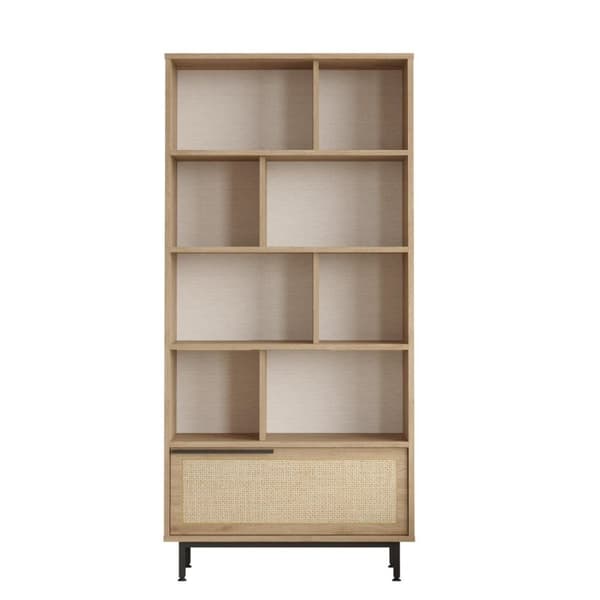 Bibliothèque avec 1 porte décor chêne et impression rotin - H175,6 cm