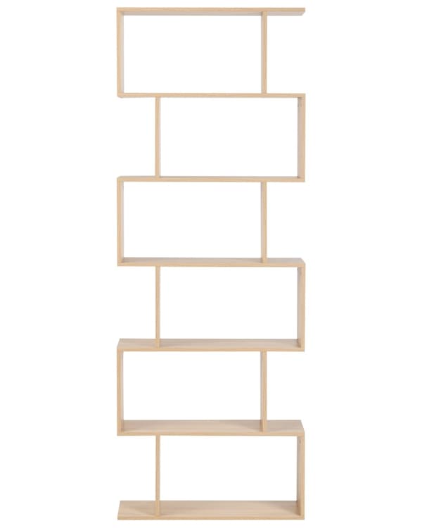 Bogreol lysebrun spånplade 6 hylder åbent design uregelmæssig form minimalistisk stil til stue kontor