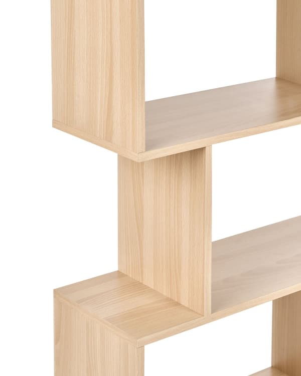 Bogreol lysebrun spånplade 6 hylder åbent design uregelmæssig form minimalistisk stil til stue kontor