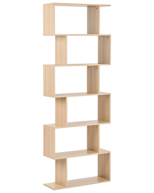 Bogreol lysebrun spånplade 6 hylder åbent design uregelmæssig form minimalistisk stil til stue kontor
