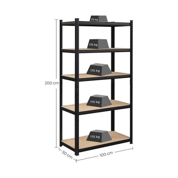 Hyllsystem med 5 justerbara nivåer för tung last - H200 cm - 100 cm X 50 cm X 200 cm - Calicosy Svart