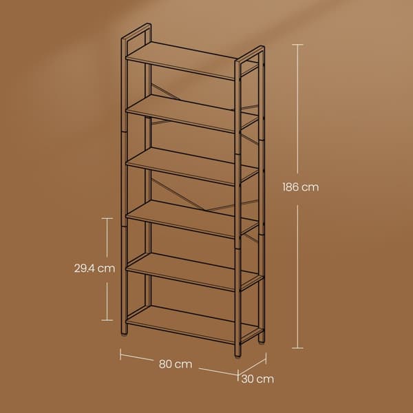 Boekenkast 6 niveaus, staande plank met stalen frame, vrijstaande plank