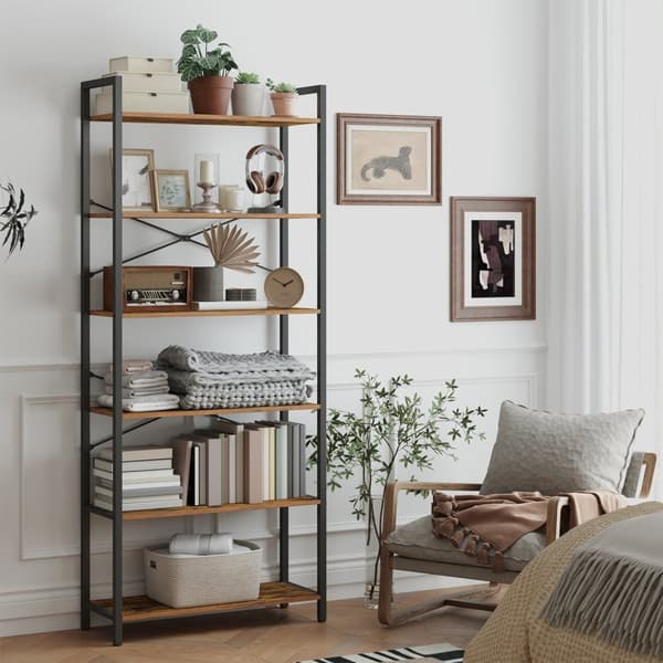 Boekenkast 6 niveaus, staande plank met stalen frame, vrijstaande plank