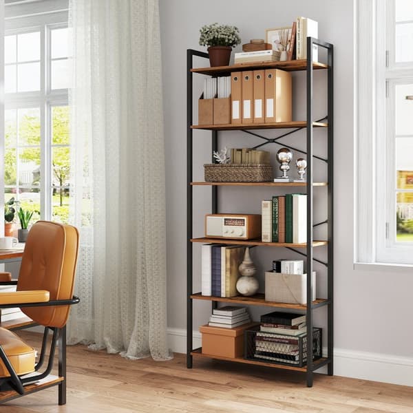 Boekenkast 6 niveaus, staande plank met stalen frame, vrijstaande plank