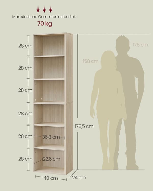 Bogreol, VASAGLE LBC167T14, 40x24x178.5 cm, Natur Beige