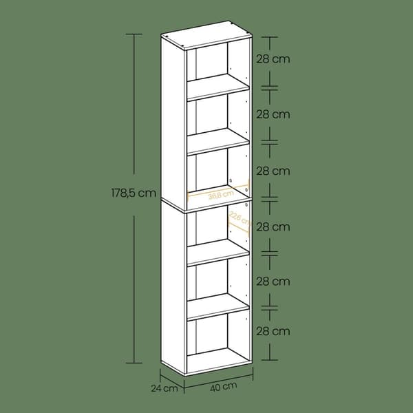 Bogreol, VASAGLE LBC167T14, 40x24x178.5 cm, Hvid