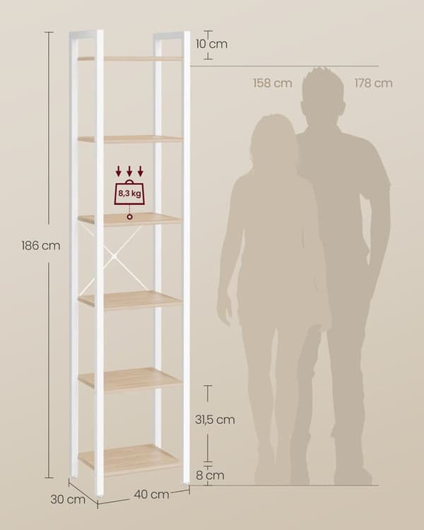 Bogreol, VASAGLE LLS101B01, 40x30x178.6 cm, Naturlig beige