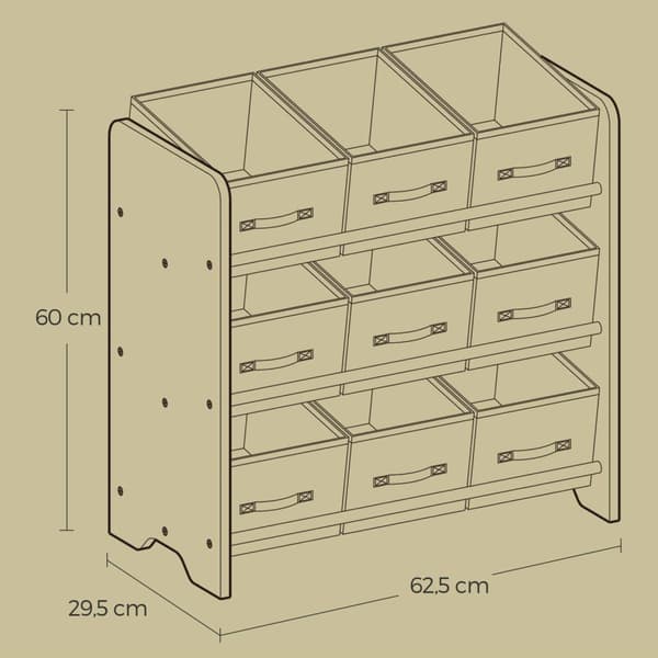 Hylly, Kirjahylly 9 Fleecesäilytyslaatikolla, 29.5x62.5x60 cm, Kyyhkynharmaa