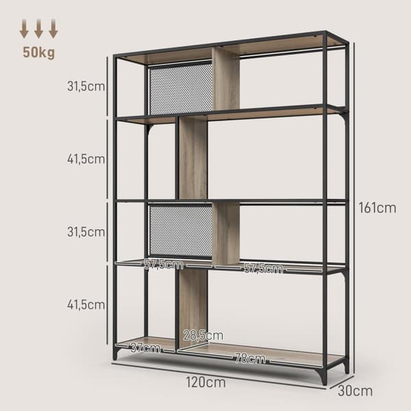 Rootz 5 Level Bookcase Storage Shelf - Industrial Shelf - Hemlagring - Elegant design - 120L X 30B X 161H CM