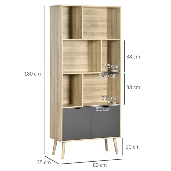 Rootz Bogreol Opbevaringshylde - Skab - 6 hylder - Skandinavisk design - 80L x 35b x 180h cm - Brun og grå
