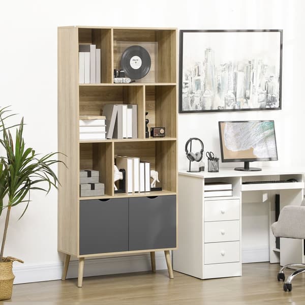 Rootz Bogreol Opbevaringshylde - Skab - 6 hylder - Skandinavisk design - 80L x 35b x 180h cm - Brun og grå