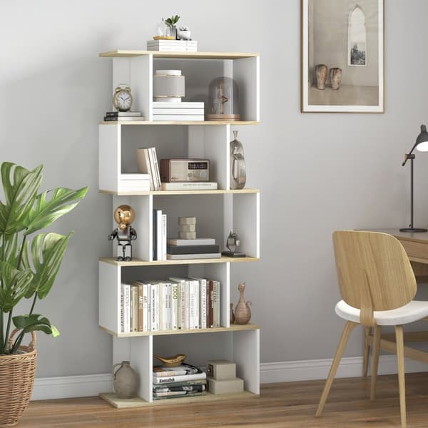 Rootz Scandinavian boghylde - Opbevaringsmøbler - Bogreol - Mod tip - 70x29.5x163cm - 5 hylder - Brun og hvid