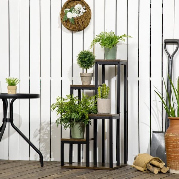 Brun växtställning blomställningar, 4 lager multifunktionell växtställning för balkongträdgård och inredning