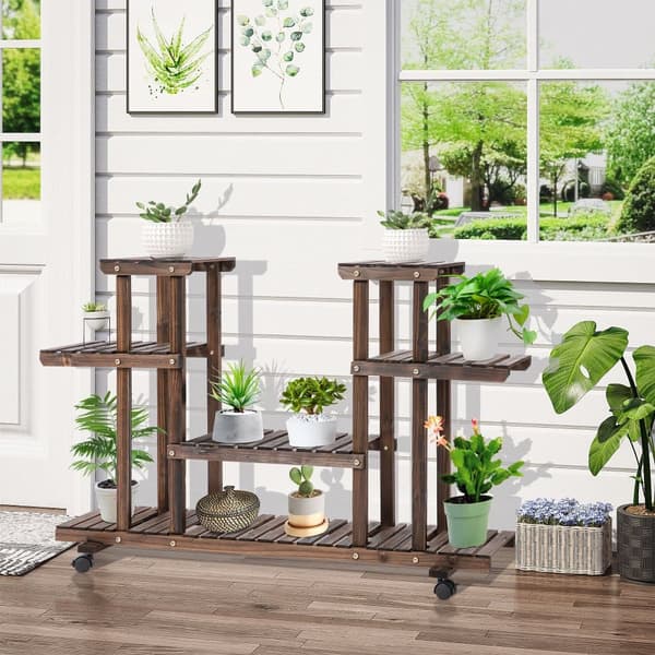 Mörkbrun Blomma Stativ Växt Stativ, Fyra Lager Solid Charcoal Stand, För Trädgård Balkong