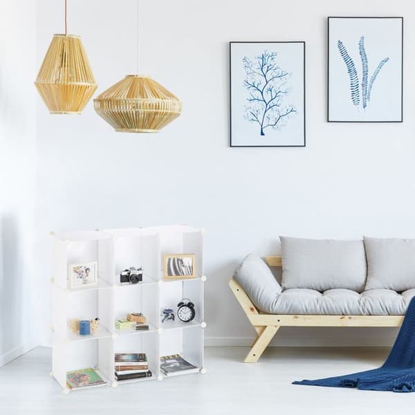 Relaxdays Förvaringshylla 9 korgar plast modulär DIY montering plug-in bokhylla 95x95x32 cm, vit