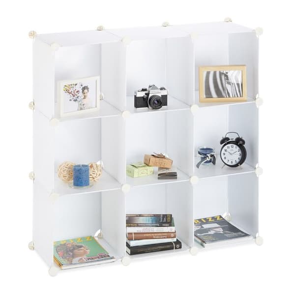 Relaxdays Förvaringshylla 9 korgar plast modulär DIY montering plug-in bokhylla 95x95x32 cm, vit