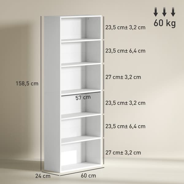 Kirjahylly, 60x24x158.5 cm, Valkoinen