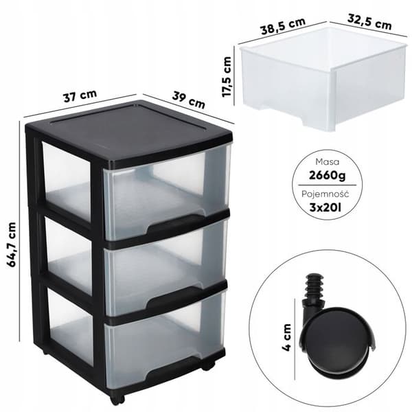 Mobilt hylla Curver med 3 lådor, 20 L - Svart och Transparent