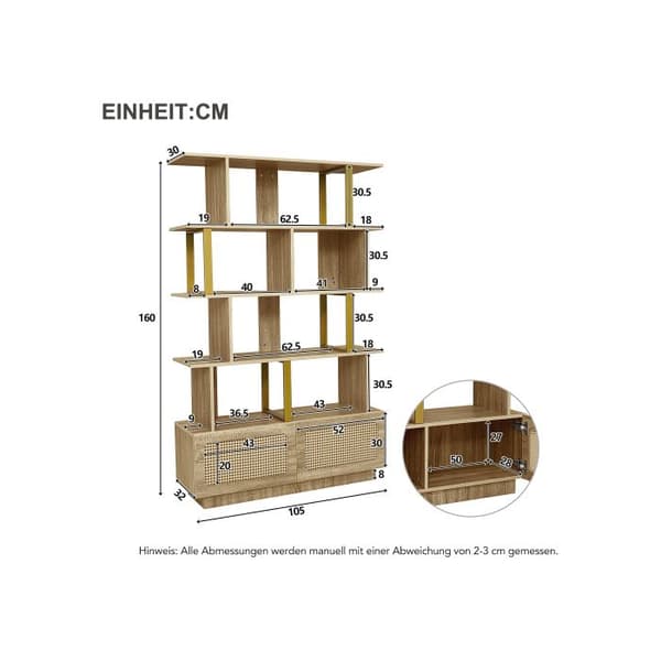 105x31,7x160 cm Bibliotek av hög kvalitet med rotinnglasdörrar och säkerhetsenheter - Öppna hyllor
