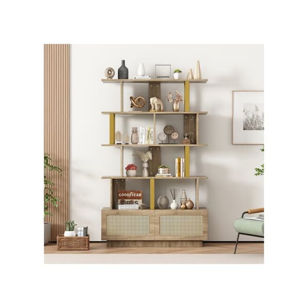 105x31,7x160 cm Bibliotek av hög kvalitet med rotinnglasdörrar och säkerhetsenheter - Öppna hyllor