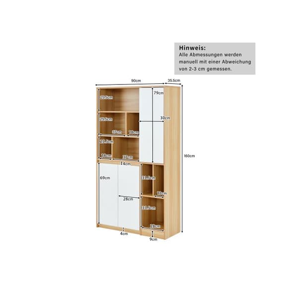 Modern bibliotek med 3 dörrar och justerbara hyllor - 90x35,5x160 cm, rymlig förvaringsmöbel