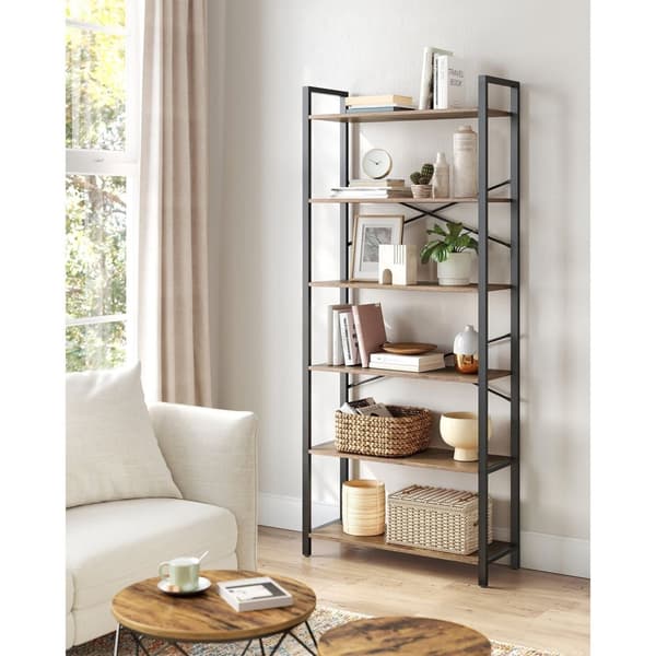 Rootz 6 Level Bookcase - Bookhelf - Lagringshylla - Hållbar träflisbräda och stål - 30 x 80 x 186 cm - Brun- Svart