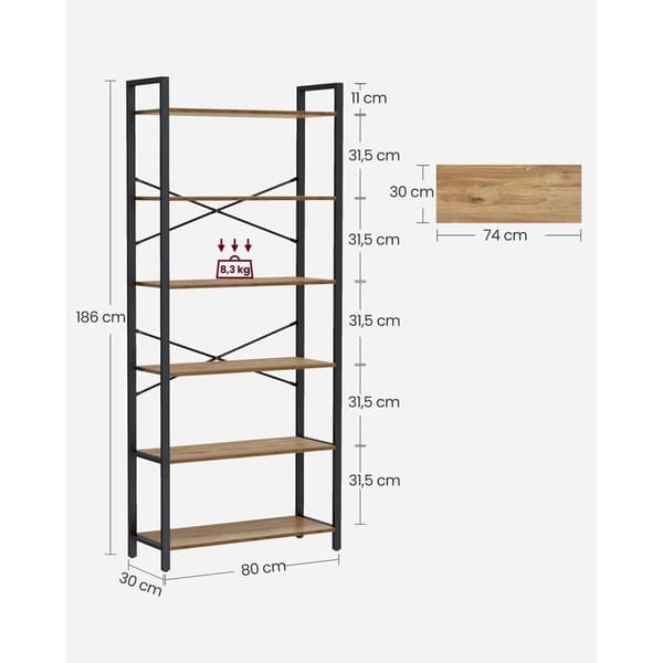 Rootz 6 Level Bookcase - Bookhelf - Lagringshylla - Hållbar träflisbräda och stål - 30 x 80 x 186 cm - Brun- Svart