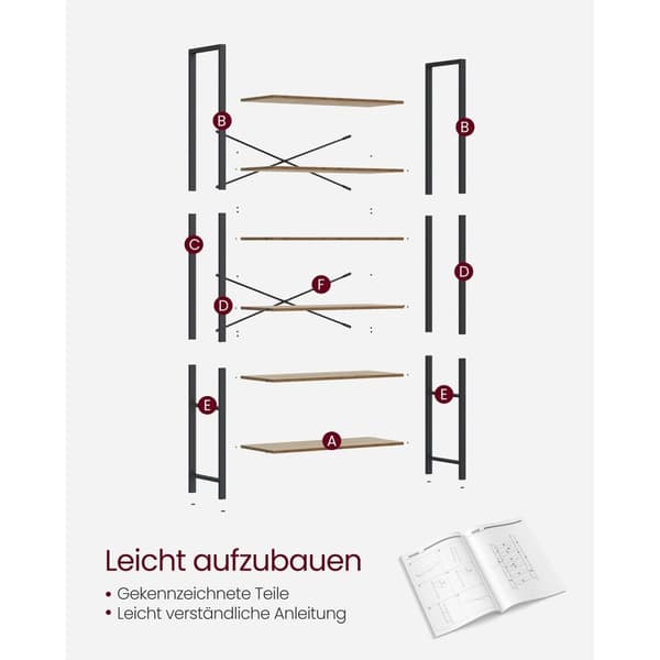Rootz 6 Level Bookcase - Bookhelf - Lagringshylla - Hållbar träflisbräda och stål - 30 x 80 x 186 cm - Brun- Svart