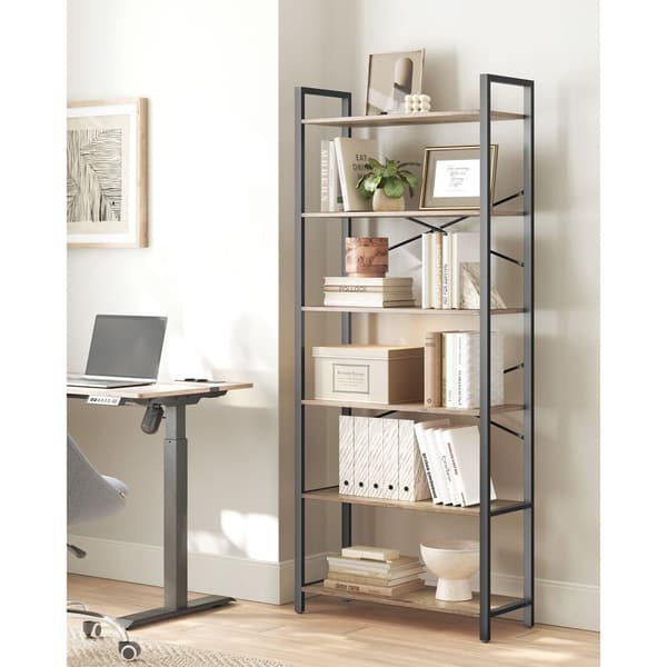 Rootz 6 Level Bookcase - Bookhelf - Lagringshylla - Hållbar träflisbräda och stål - 30 x 80 x 186 cm - Brun- Svart