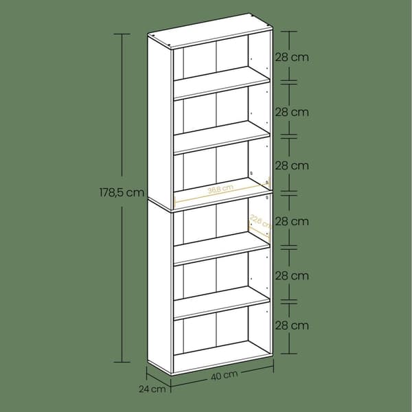 Rootz 6 -trins boghylde - Standregal - Stue Shelf - Scandinavian Style - 24 cm x 60 cm x 178,5 cm