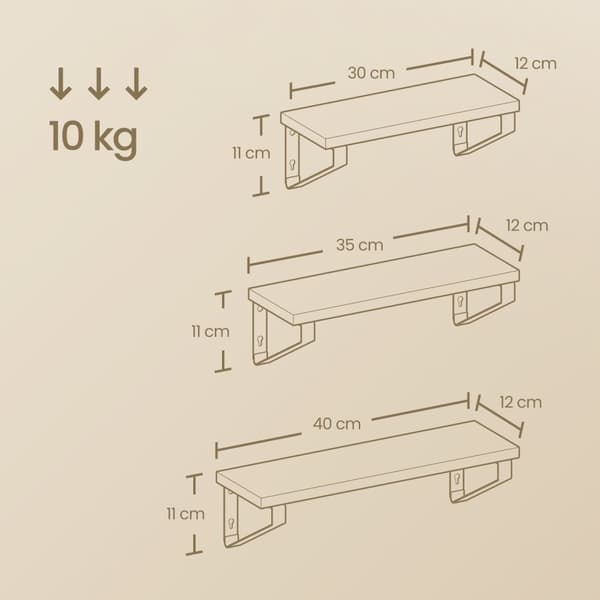 Rootz 3 Set Wall Shelf - Floating Shelf - Trähyllor - Rymdbesparande design - Storlekar: 30/35/40 x 12 x 11 cm