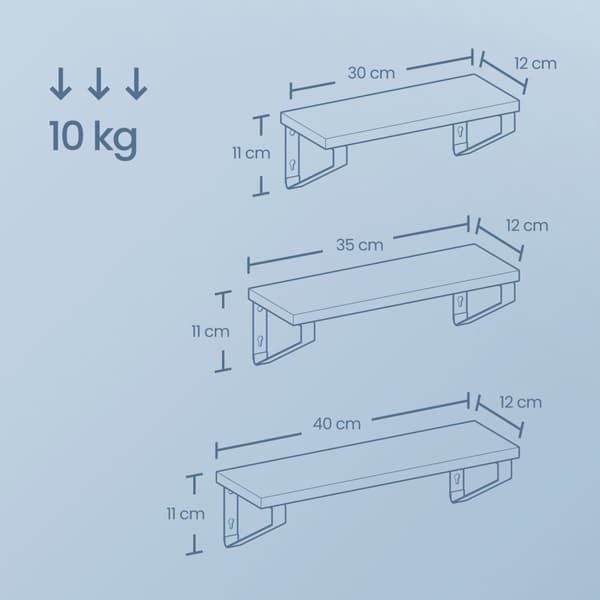 Rootz vägghylla 3 set - flytande hylla - dekorativa hyllor - max 5 kg belastning - brun -svart - liten (12x30x11cm), medium (12x35x11cm), stor (12x40x