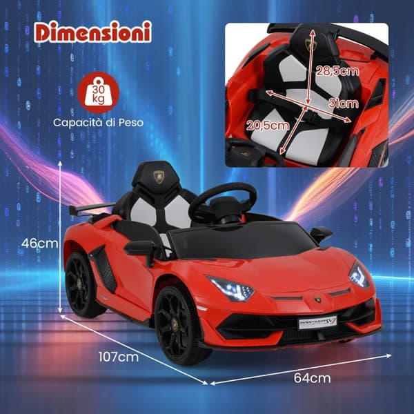 Elektrisk legetøjsbil, Lamborghini 12V, 107x64x46 cm, hvid